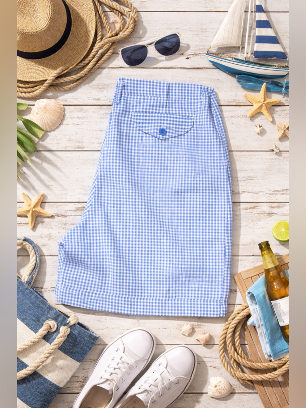 Basic Editions | Blue Gingham Bermuda Shorts | High Rise Summer Casual Shorts